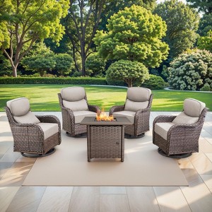 Gymojoy 5 Pieces Outdoor Patio Wicker Swivel Chair with 6 Inch Cushions and Fire Pit Table - 1 of 4