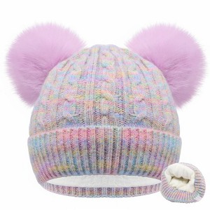 FAAYFIAN Rainbow Knit Winter Beanie Hat and Touchscreen Gloves Set for Kids 7-12 Ear Warmer - 1 of 4