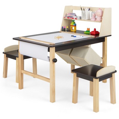 Costway 2-in-1 Kids Wooden Art Table And Art Easel Set With Chairs Storage  Bins Paper Roll Gray/white/natural : Target