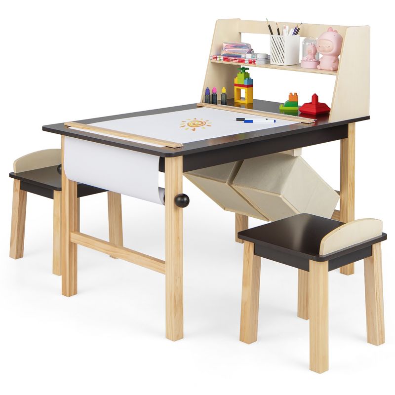 Costway Kids Art Table & Chairs Set Wooden Drawing Desk with Paper Roll Storage Shelf Bins, 1 of 11