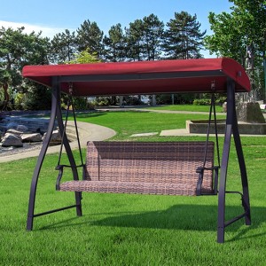 Aoodor 3-Seat Outdoor Rattan Patio Swing with Adjustable Dark Blue Canopy, Built-in Quick-Drying Foam Seat, Rattan Wicker, Rust-Resistant Iron Frame - 1 of 4