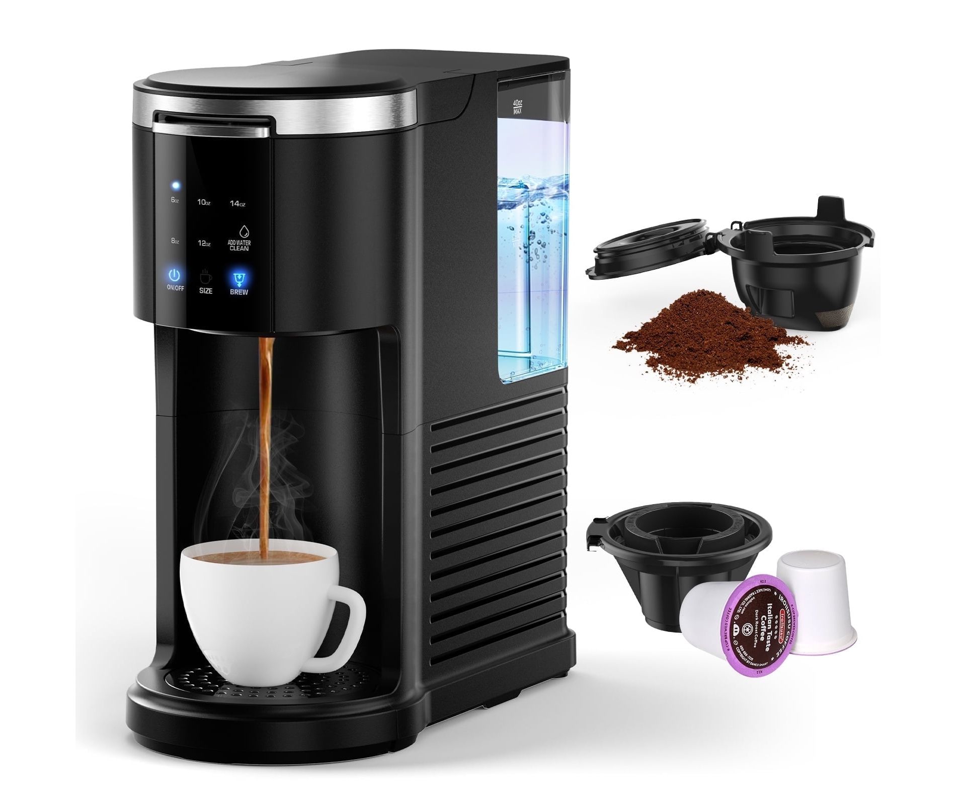 Kismile Single Serve Coffee Maker, K-Cup & Ground, 6-14oz Brew, 40oz Removable Water Tank, Fast Brew