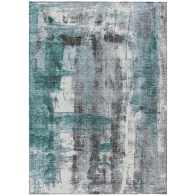 Teal Blue And Ivory Abstract Washable Indoor Outdoor Area Rug