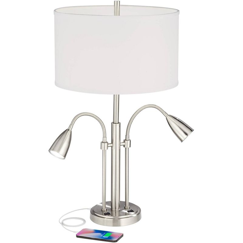 Possini Euro Design Wagner Modern Table Lamp 29 3/4" Tall Brushed Nickel with USB Charging Port and LED Gooseneck Lights White Shade for Living Room, 3 of 10