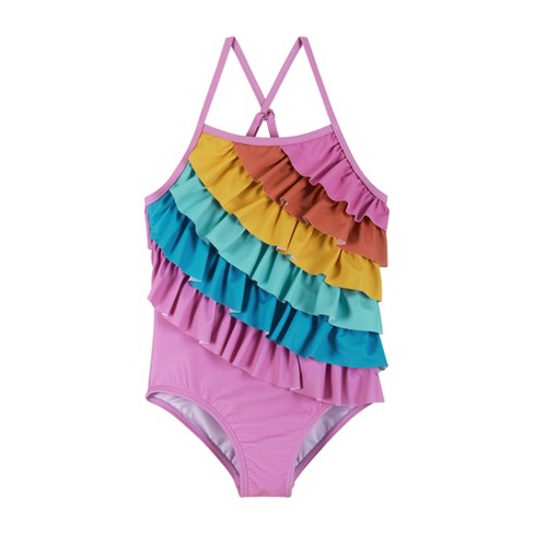 Andy & Evan Kids Rainbow Ruffle Detail Swimsuit Purple, Size 8