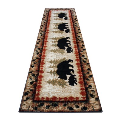 Emma and Oliver Cabin Theme Accent Rug with Bear and Cub Design with Trees in Background and Bear Track Patterned Edges