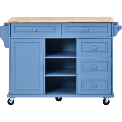 Bella Depot 53" Rolling Kitchen Island with Rubber Wood Top and 5 Drawers