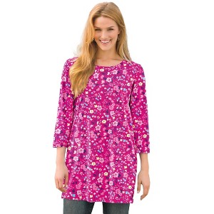 Woman Within Plus Size Perfect Printed Three-Quarter-Sleeve Scoopneck Tunic - 1 of 4