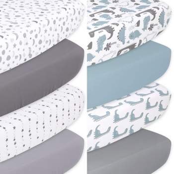 The Peanutshell Celestial Stars and Dinosaur Fitted Crib Sheets, Unisex 8-Pack Set | Grey, Blue, White