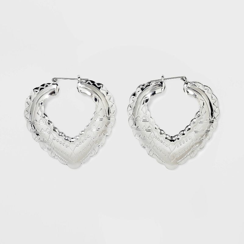 Stamped Cubic Zirconia Heart Hoop Earrings - Wild Fable&#8482; Silver, 1 of 5