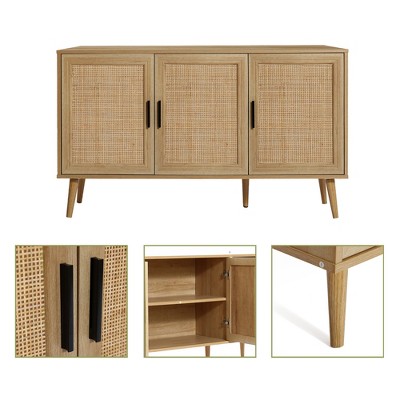 Light Oak 3-Door Rattan and Wood Sideboard Cabinet