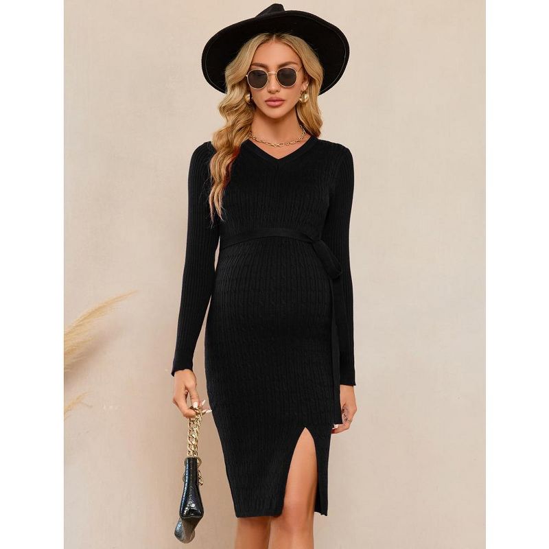Maternity Cable Knit Sweater Long Sleeve Bodycon Dress V Neck Fall Casual Slit Midi Dress Baby Shower Photoshoot Belt, 4 of 8