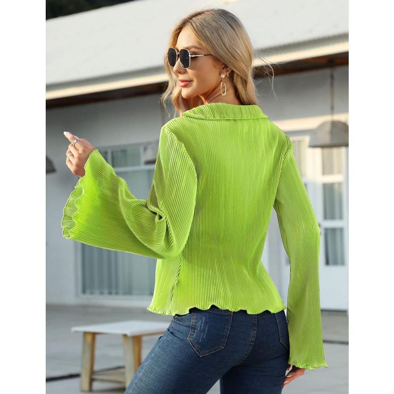 Women Deep V Neck Blouse Long Flared Sleeve Tops Button Front Dressy Casual Shirts Top, 2 of 6