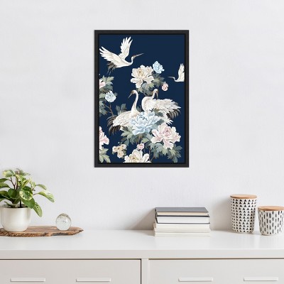 Pearly White Cranes on Navy Canvas Wall Art Print
