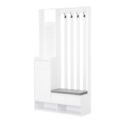 Vynxaria Modern Stand Alone White Coat Rack: Padded Storage Bench, Shoe Storage, 4 Hooks, Pegboard, Perfect for Entrance Area
