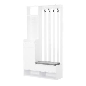 Vynxaria Modern Stand Alone White Coat Rack: Padded Storage Bench, Shoe Storage, 4 Hooks, Pegboard, Perfect for Entrance Area - 1 of 4