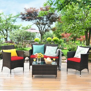 Costway 4PCS Rattan Patio Furniture Set Cushioned Sofa Chair Coffee Table - 1 of 4