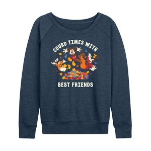 Women's - Disney - Mickey Goofy and Donald Gourd Times with Best Friends Lightweight French Terry Wide Neck Long Sleeve Shirt - 1 of 4
