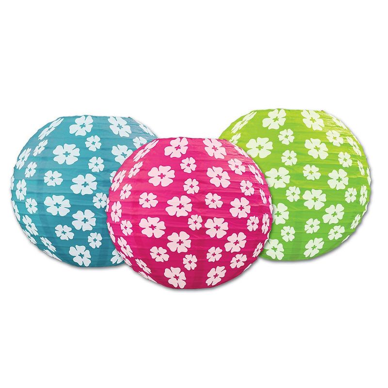 Beistle 9 1/2" Hibiscus Paper Lantern; Cerise/Light Green/Turquoise 6/Pack 54574, 1 of 2