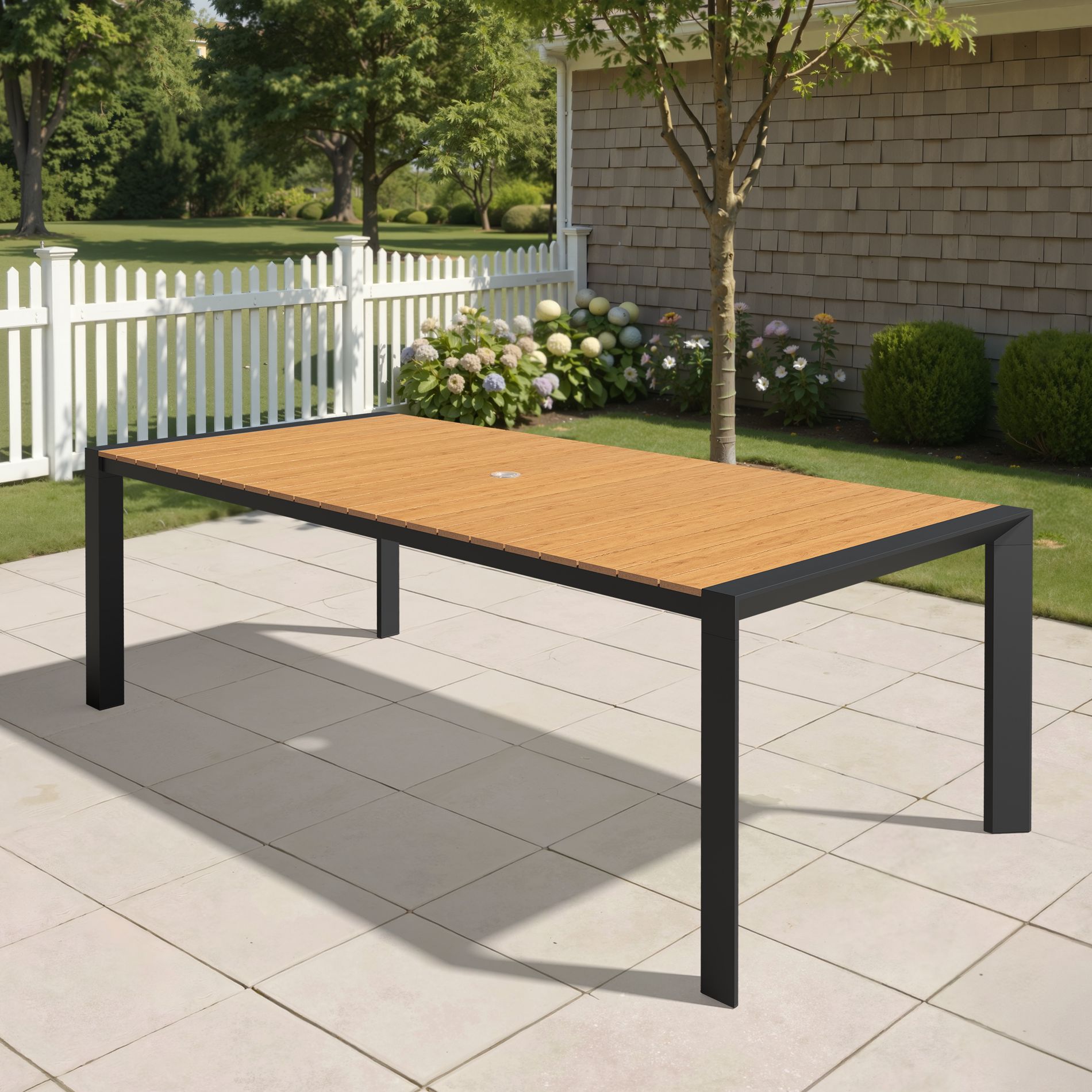 Pellebant 83.9in Outdoor Dining Table Rectangular Patio Table Wood-Look Top Aluminum Frame Umbrella Hole Gray
