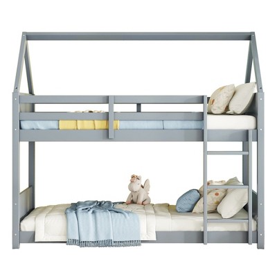 Dolonm Twin House Bunk Bed w/Safety Guardrails & Ladder, Low-Height Rubber Wood Frame, Easy Assembly, No Box Spring Needed