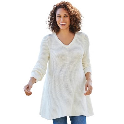 Woman Within Plus Size V-Neck Shaker Trapeze Sweater