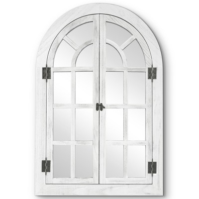 Beautyolove 24 in. W x 36 in. H Farmhouse Arched White Wood Framed Windowpane Wall Mirror