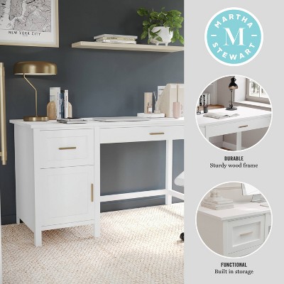 White Wood Home Office Desk with Brass Hardware and Storage