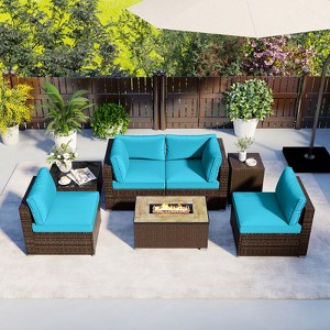 Costway 7 Pieces Outdoor Furniture Set with 32" Fire Pit Table and Propane Tank Cover Black/Navy/Red/White/Turquoise - 1 of 4
