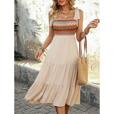 Clear Vape Disposable Italian Summer Tie Neck Midi Dress Champagne Beige  Midi Dress Tiered Strappy | Ally Fashion