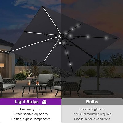 PURPLE LEAF 10x10 Ft Cantilever Umbrella Square Solar Powered LED Outdoor Patio Umbrella with 360°Rotation Adjustable With Base