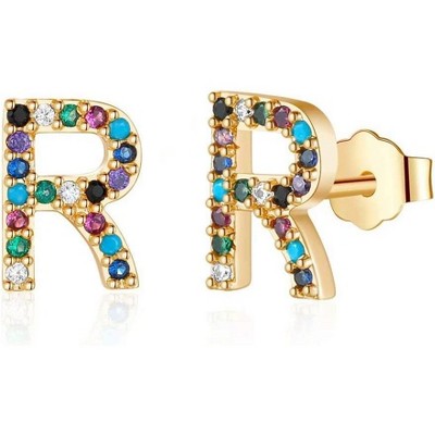 Hypoallergenic 925 Sterling Silver Earring Posts, Rainbow Cubic Zirconia, 26 Letter Earrings, Women's Jewelry Gifts