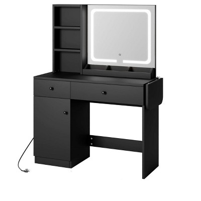 Vanity Desk with Mirror & Lights – Makeup Vanity with 2 Drawers, 2 Shelves & Door, 3 Lighting Modes Adjustable Brightness, Black