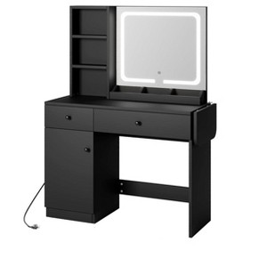 Vanity Desk with Mirror & Lights – Makeup Vanity with 2 Drawers, 2 Shelves & Door, 3 Lighting Modes Adjustable Brightness, Black - 1 of 4