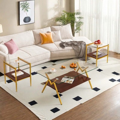 NicBex Modern Rectangle Coffee Table Set of 3 with Glass Top and MDF Layer for Living Room