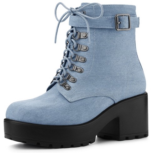 Allegra K Women's Zip Chunky Heel Platform Ankle Combat Boots Denim Blue 8.5