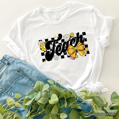 Teach Checkered Coquette Bow T-Shirt, White and Natural Retro Tee for Trendy Teachers| OrnamentallyYou