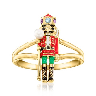 Ross-Simons 2.5-3mm Cultured Pearl and Multi-Gemstone Nutcracker Ring With Enamel in 18kt Gold Over Sterling