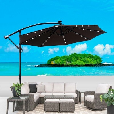 CAVINAS 10 FT Patio Umbrella with LED Light and Crank,8 Ribs Market Patio Umbrella with Cross Base for Backyard,Poolside,Deck