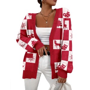 Women's Christmas Cardigan, Long-Sleeve Open-Front Holiday Sweater, Festive Casual Layering Top for Winter - 1 of 4
