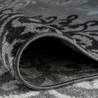 Gray and Blue Floral Synthetic Area Rug