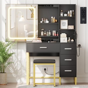 TROPOW Vanity Desk, Makeup Vanity Desk with Mirror and Lights,Cushioned Chair, Hairdryer Holder, 3 Lighting Colors, 4 Drawers and 5 Storage Shelves - 1 of 4