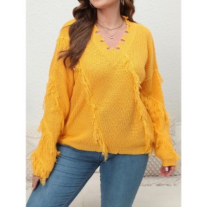 Coolmee Womens Plus Size Sweater Knitted Fringe V Neck Long Sleeve Sweatshirts Casual Loose Pullovers - 1 of 4