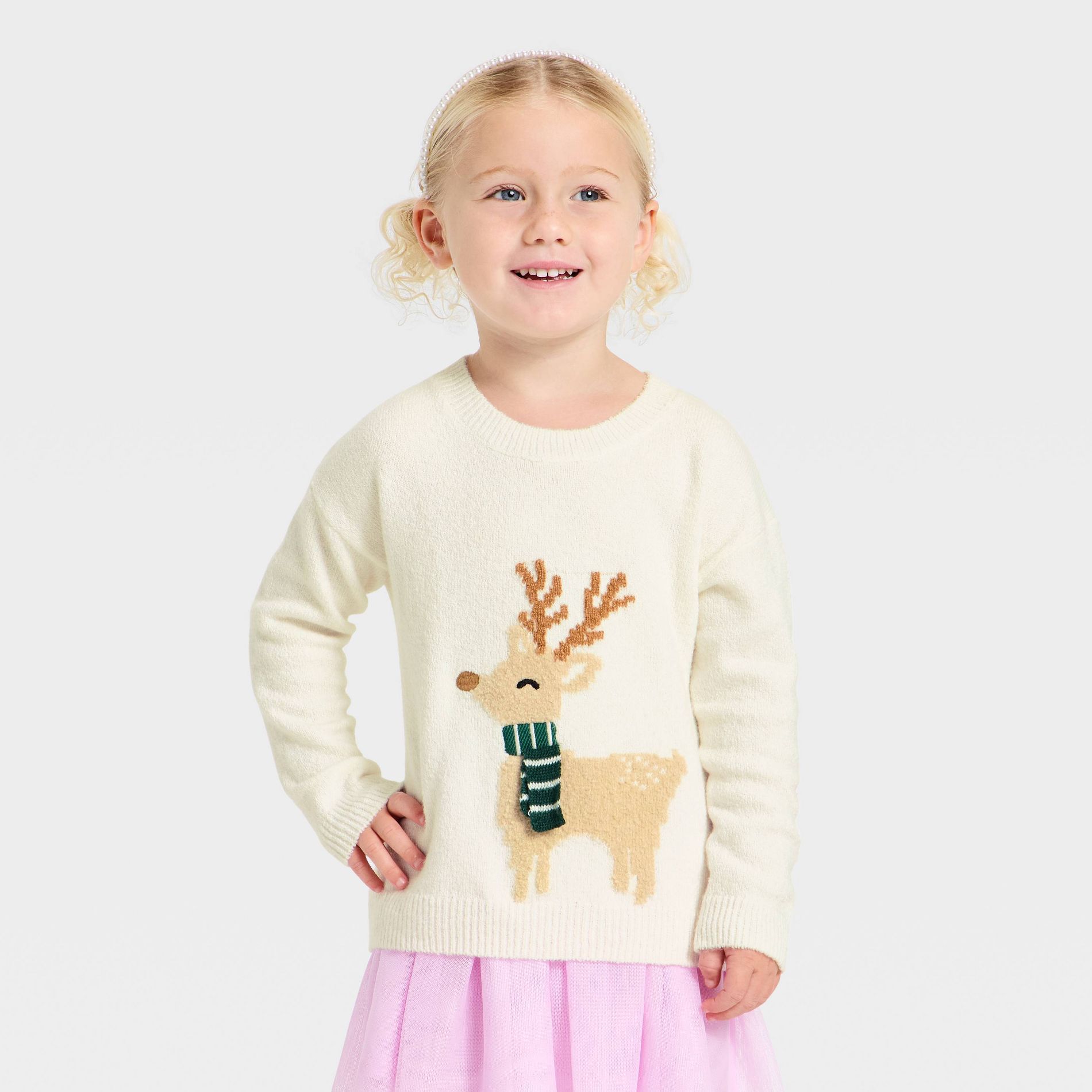 Toddler Girls' Jacquard Crewneck Pullover Sweater - Cat & Jack™ Cream