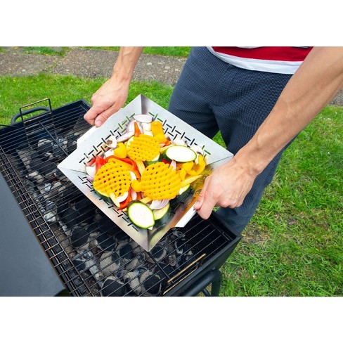 Grill Topper BBQ Grilling Pans (Set of 2) - Non-Stick Barbecue Trays w  Stainless Steel Handles for Meat, Vegetables, and Seafood 