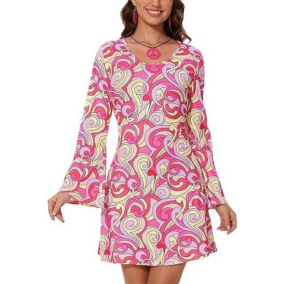 Womens Long Sleeve A Ling Mini Dress U Neck Floral Short Dress