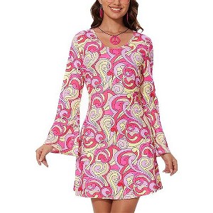 Womens Long Sleeve A Ling Mini Dress U Neck Floral Short Dress - 1 of 4