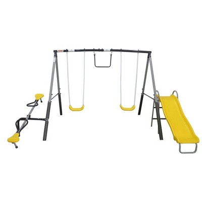 XDP Recreation The Titan Outdoor Backyard Play Area Kids Toddler Play/Swing Set w/ 5 stations for up to 6 children play, Ages 3 to 8, Yellow