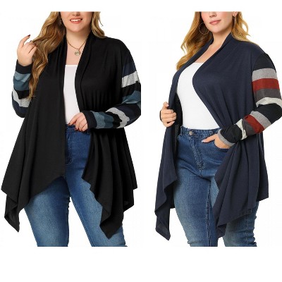 Agnes Orinda Women's Plus Size Open Front Long Sleeve Lightweight Stripe Long Cardigan