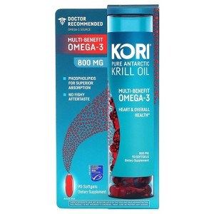 Kori Antarctic Krill Oil Omega-3 800mg Supplement - Superior Absorption vs Fish Oil/EPA & DHA, Astaxanthin/Supports Heart, Brain, Joint, Eye, & Skin - 1 of 3
